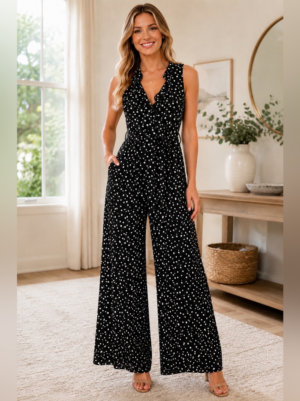 ROZ & ALI BLACK & WHITE PLOKA DOT RUFFLED WIDE-LEG CAREER CHIC JUMPSUIT SZ 4